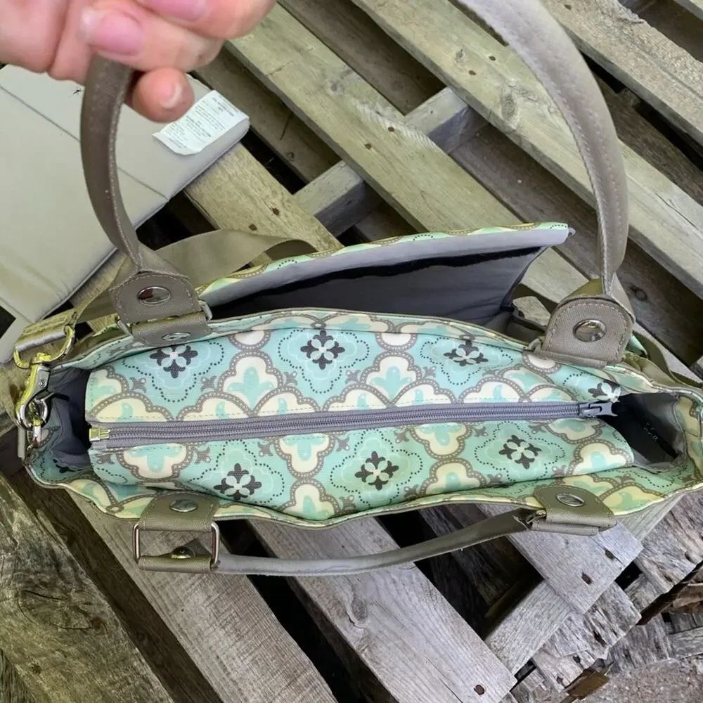Petunia Pickle Bottom gender neutral blue tan geometric diaper bag